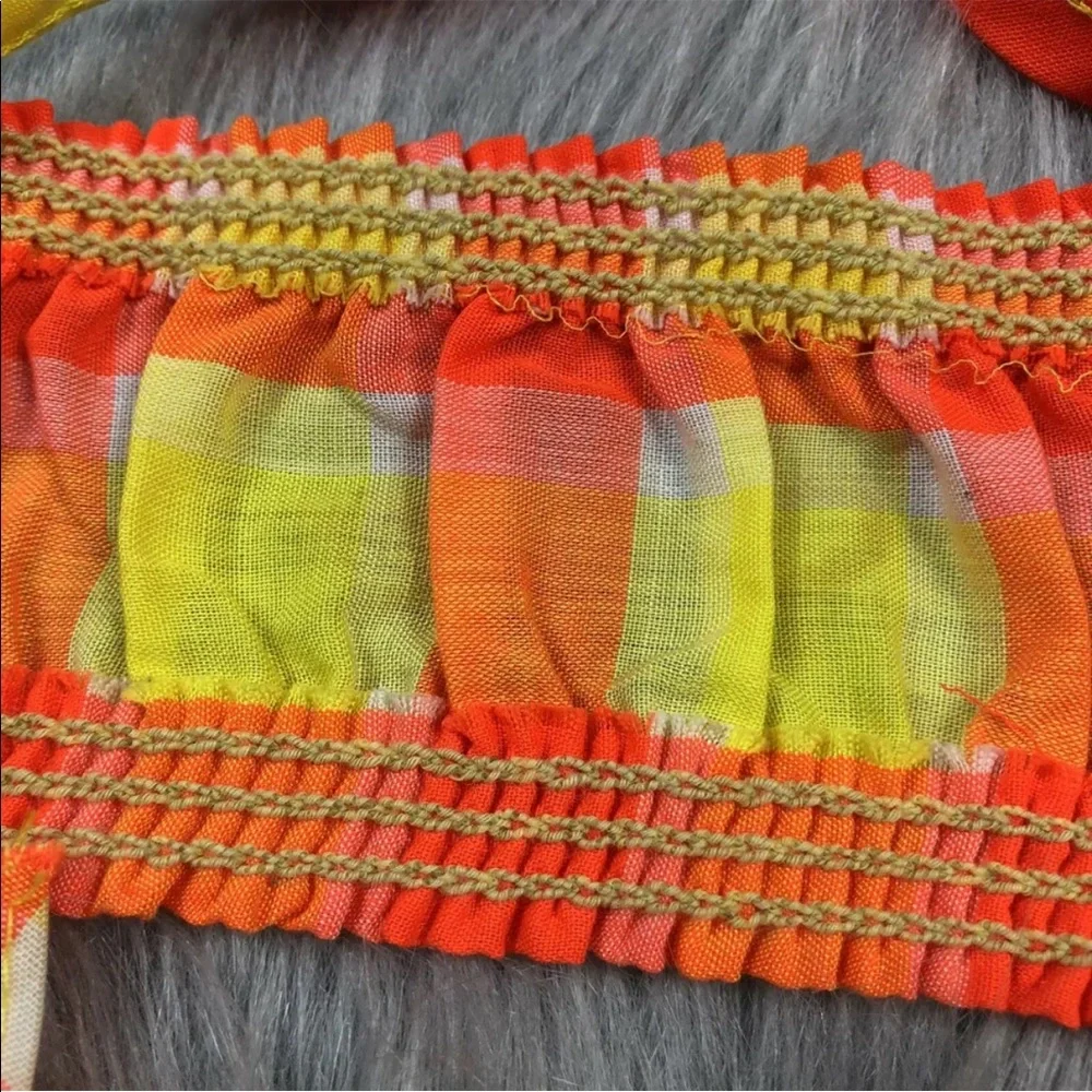Vintage Baby Girls 70s Orange Yellow Plaid Cotton Bikini